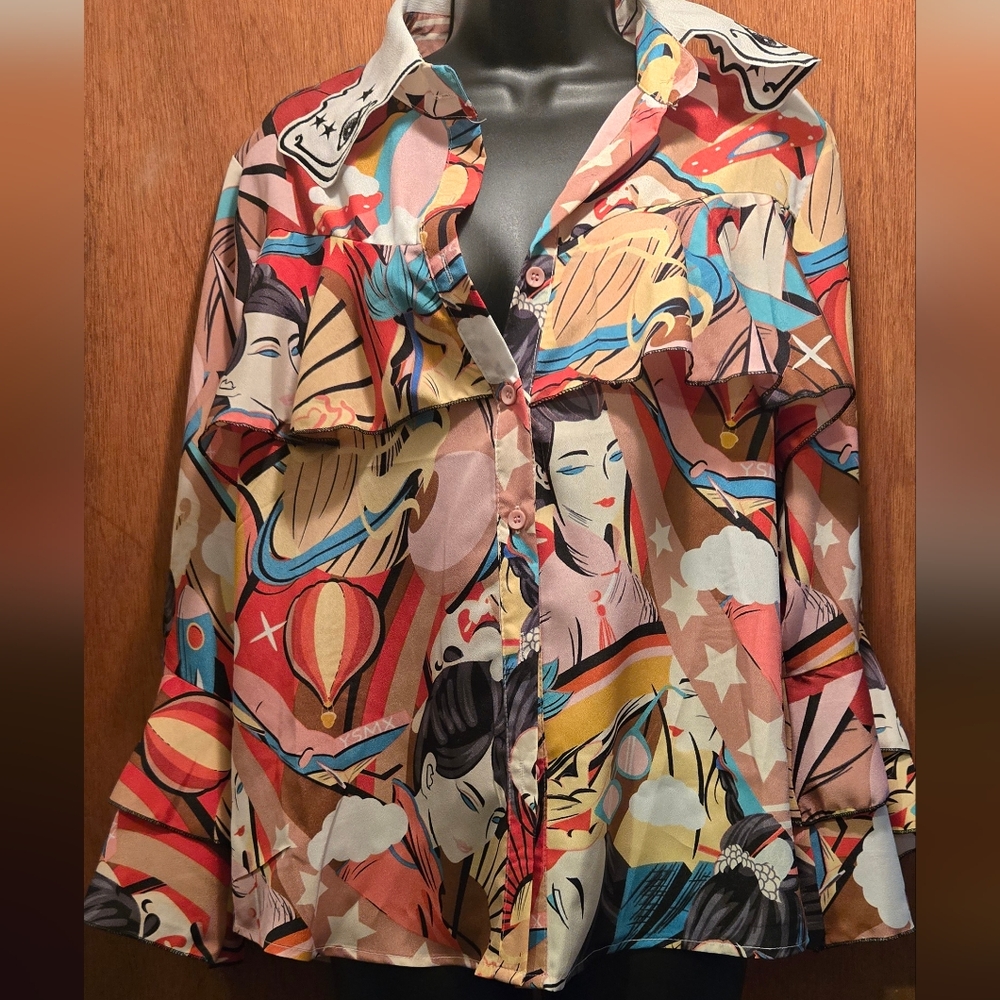 HOST PICK! ๐Qing Pinz GORGEOUS embroidered ruffle colorful art top szM - Picture 2 of 10